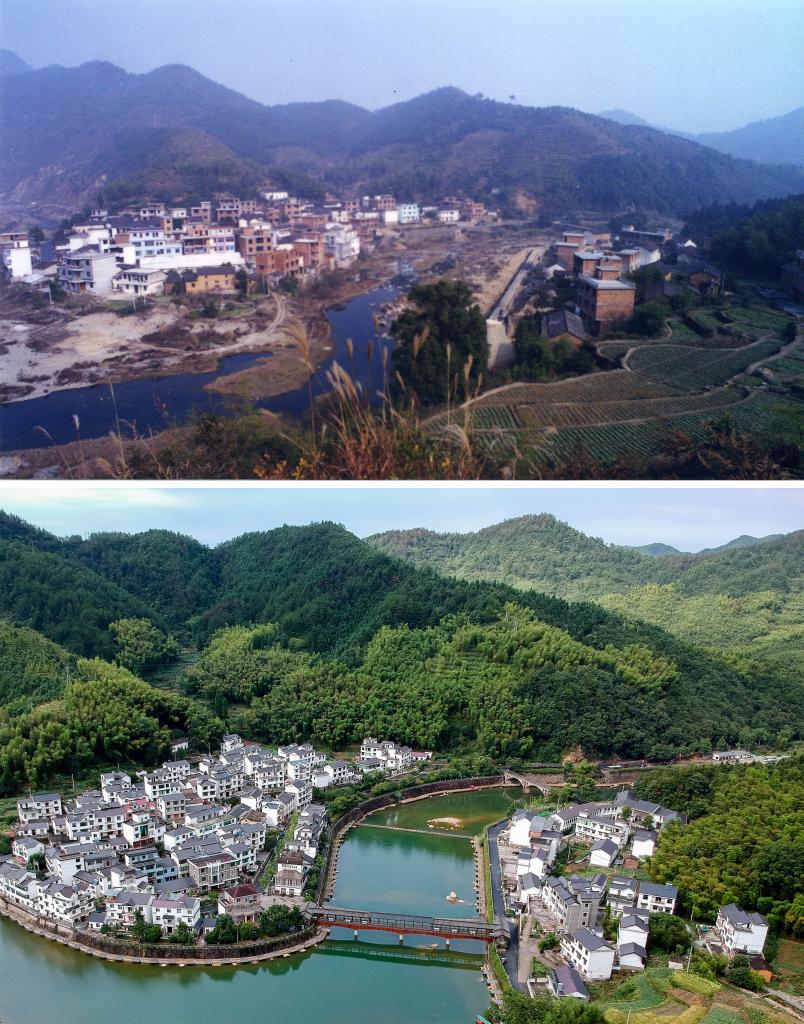 圖為浙江省杭州市淳安縣楓樹嶺鎮(zhèn)下姜村拼版圖，其中上圖為資料照片、下圖由新華社記者張鋮攝。